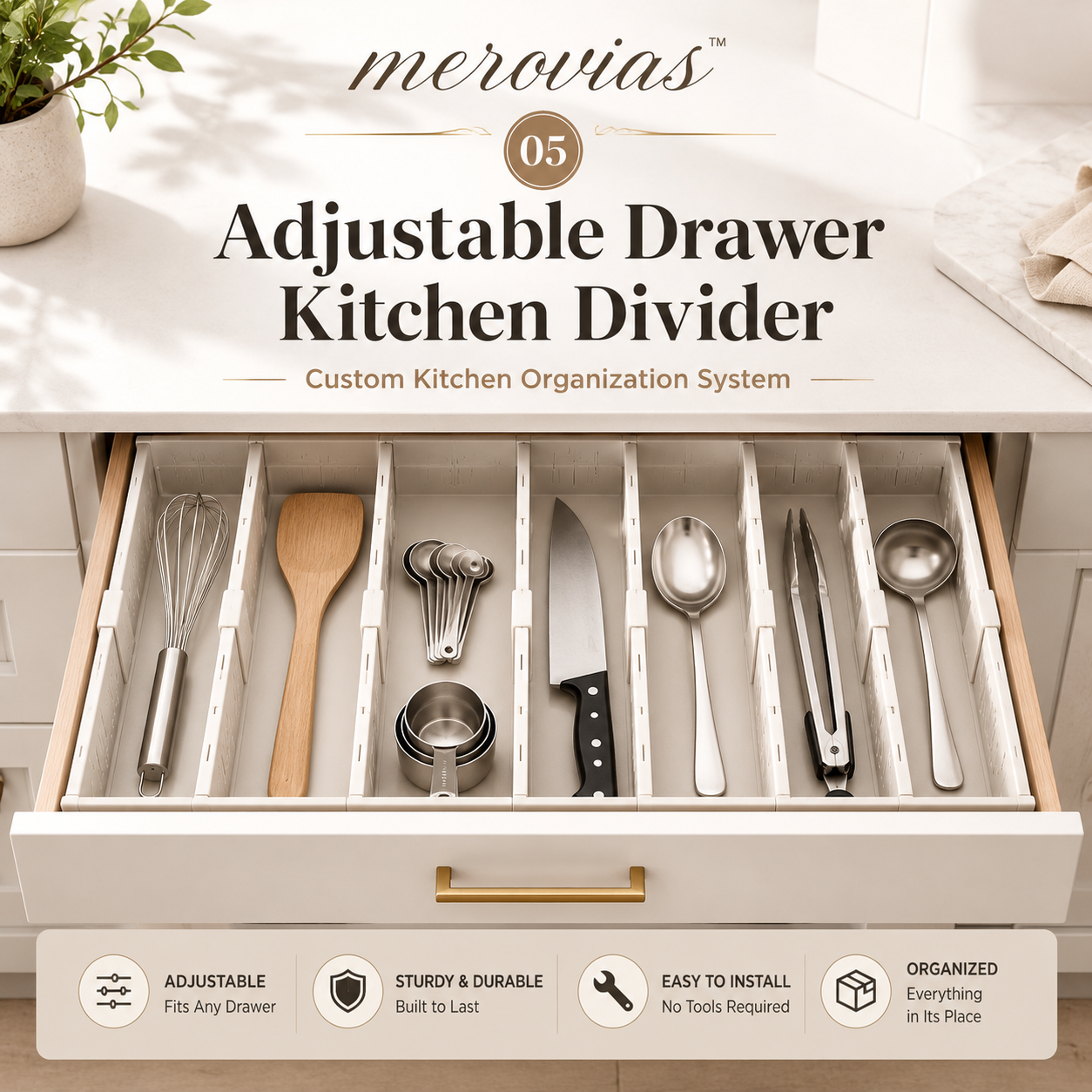 𝒎𝒆𝒓𝒐𝒗𝒊𝒂𝒔™ Adjustable Drawer Kitchen Divider  🍴 Custom Kitchen Organization System
